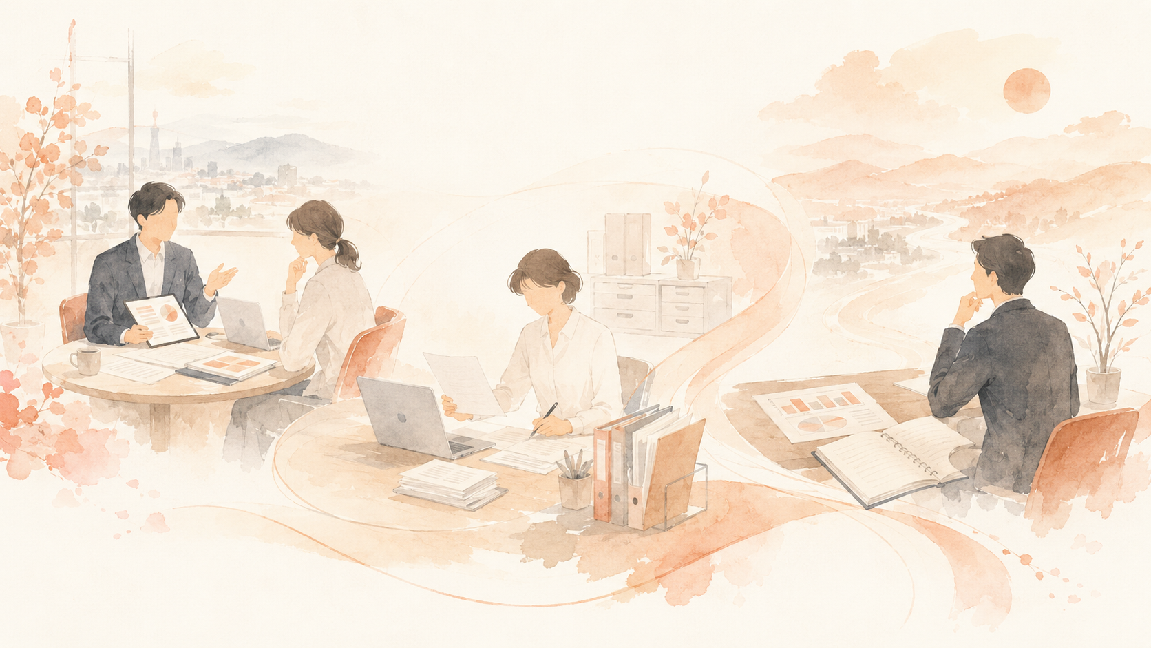 営業・事務・経営の3場面を共通AI光源が支援するイラスト