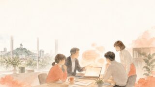 Claude法人導入ガイドのヒーロー画像 ― 中小企業のオフィスで経営者とスタッフがClaudeを使うシーン