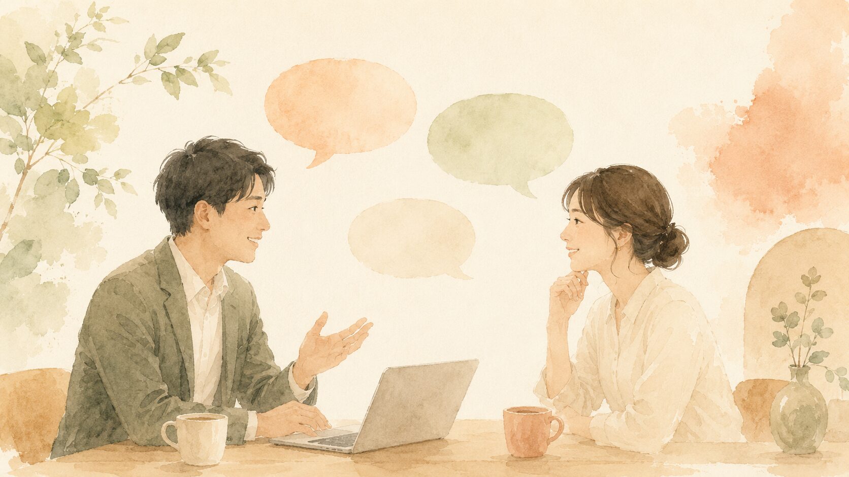 テーブルを挟んで和やかに相談する二人のイメージ