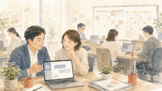 オフィスでスタッフがAI(Claude)を自然に使いこなし、定着している様子の水彩イラスト