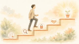 AI導入を5つのステップで一段ずつ進めていく様子の水彩イラスト