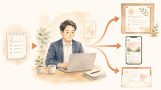 1枚のメモからAIが掲示用・SNS用・メール用のお知らせ文を作り分ける様子の水彩イラスト