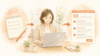 箇条書きのメモがAIで丁寧なビジネスメールに変わる様子の水彩イラスト