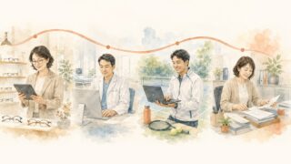 眼鏡店・クリニック・テニスコーチ・事務職と業種の違う現場でAIを活用する様子の水彩イラスト