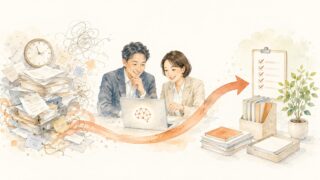 散らかった業務がAIで整理され、チームに余裕が生まれる業務効率化のイメージ水彩イラスト