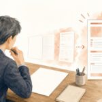 白紙の求人票を前に考える経営者と、整った募集要項に仕上がっていく様子の水彩イラスト