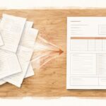 乱雑に重なった手書きメモの束が、整った1枚の見積書に整理されていく水彩イラスト