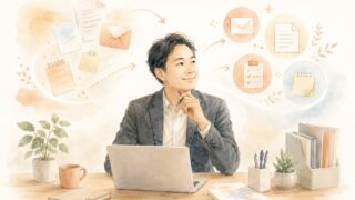 中小企業の経営者がAI(Claude)に業務を任せ、メール・書類・議事録・チェックリストなどの雑務が整理されていく様子の水彩イラスト