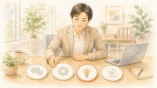 4つの選択肢から自社に合うAIツールを選ぶ様子の水彩イラスト