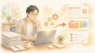 専門知識がなくてもAIが集計や整理を代行してくれる様子の水彩イラスト