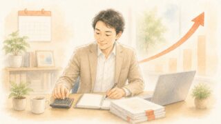 最低賃金の引き上げに備えて人件費を試算する経営者の水彩イラスト