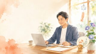お盆休み前にAIで仕事の段取りをする中小企業の経営者(水彩イラスト)