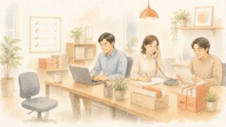 少人数でも無理なく業務が回っている中小企業のオフィスの水彩イラスト