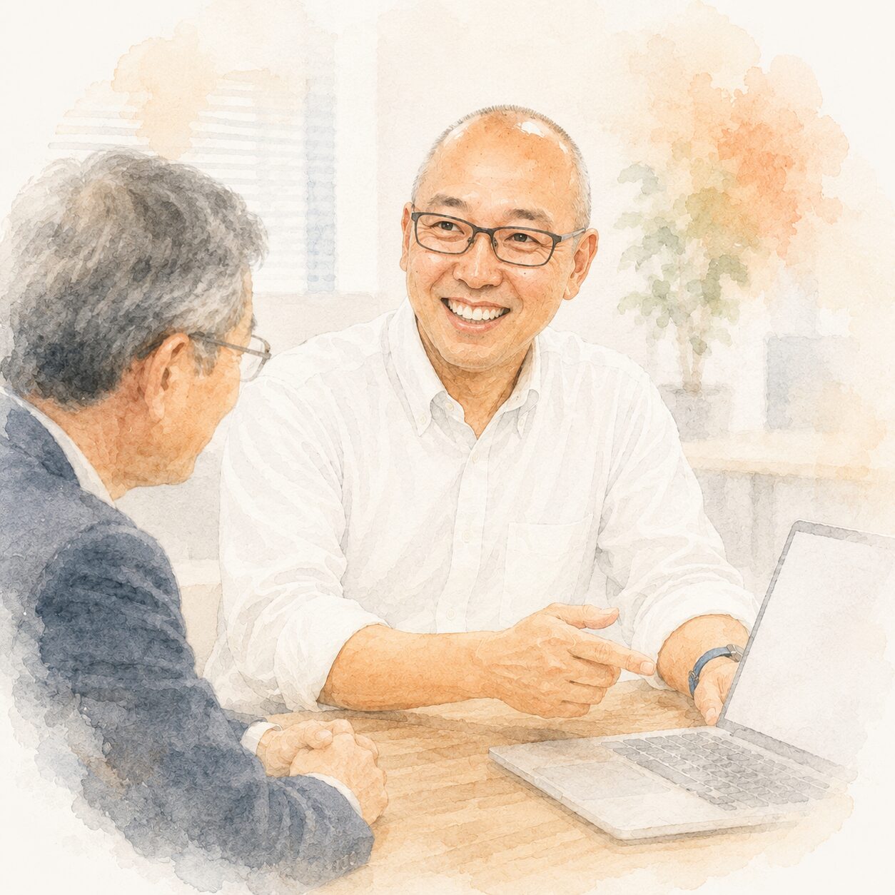 相談中の合同会社Trash-B代表 濱木貴央(水彩イラスト)