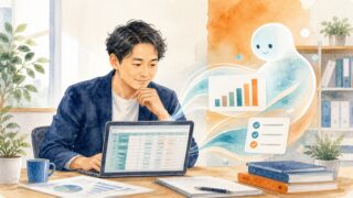 ExcelとCSVの集計をAIが支援する様子の水彩イラスト