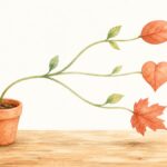 1粒の種から伸びた茎が3方向に枝分かれし、形の違う葉が育つ水彩イラスト