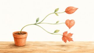1粒の種から伸びた茎が3方向に枝分かれし、形の違う葉が育つ水彩イラスト