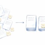 机に散らばったアンケート用紙と付箋が、矢印の先で3つの束にグループ分けされて整列している水彩画