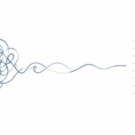 絡まった紐がほどけて、右側で整列した横線の一覧になる水彩イラスト