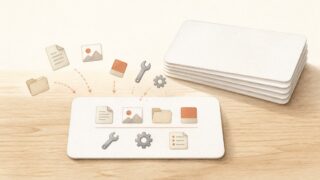 机の上の1枚の白いカードに、散らばっていた書類やツールのアイコンが1枚ぶんだけ整理されて収まっていく水彩画