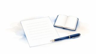 机の上に置かれた記入用紙と開いたノート、万年筆の水彩イラスト