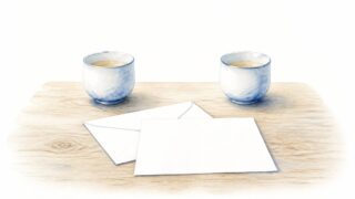 取引先へ送る価格改定のお願いの手紙と封筒、向かい合う2つの湯呑みを描いた水彩イラスト