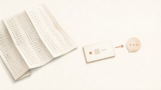 項目がびっしり並んだ用紙が脇へどけられ、項目の少ない小さなカードから矢印が伸びて返事の吹き出しにつながる水彩画