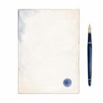 稟議書を表す水彩画。1枚の申請書と丸い印鑑、紺色の万年筆