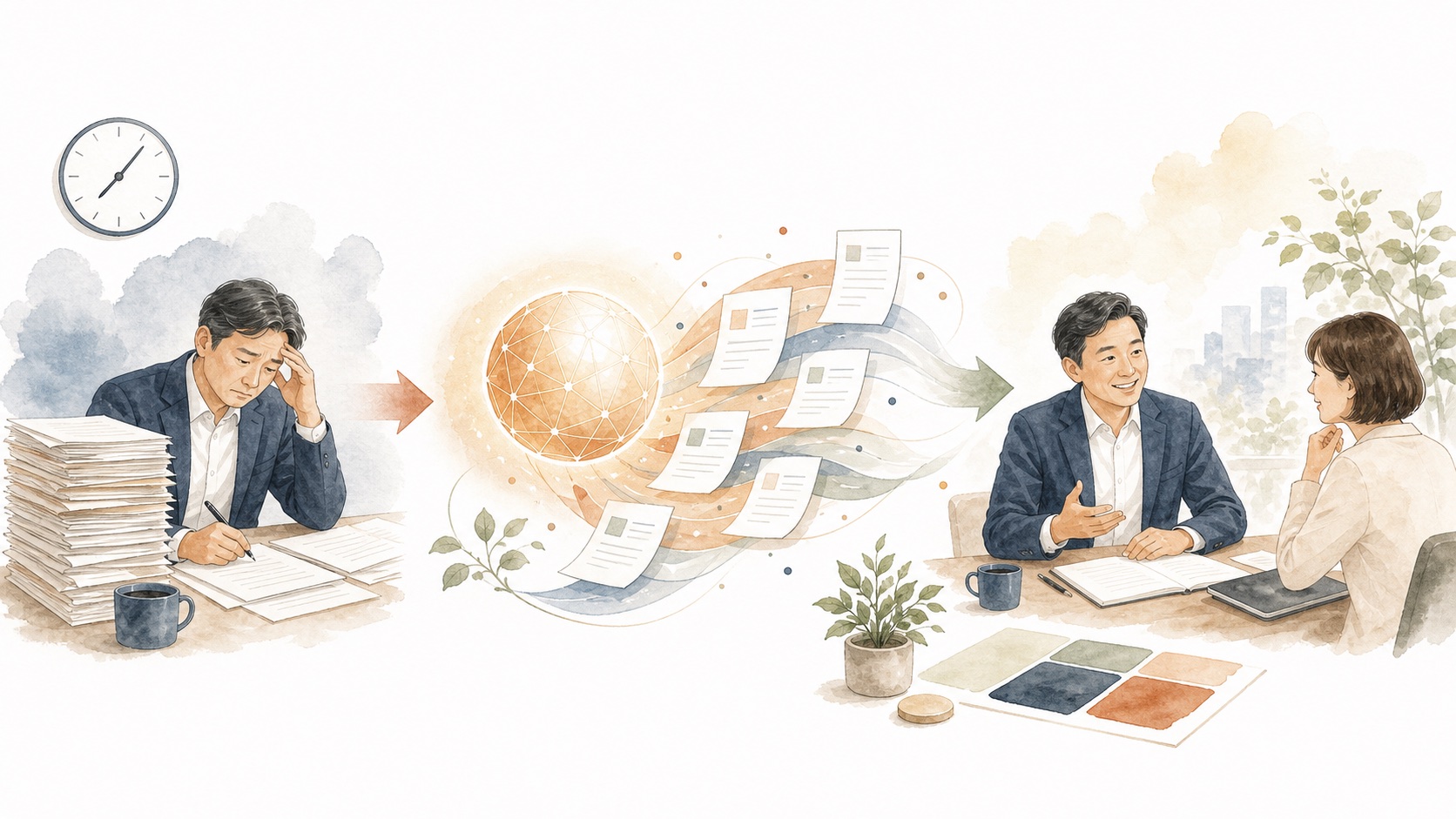 社長の定型業務をAIで整理し、顧客対応と経営判断に時間を振り向ける流れ