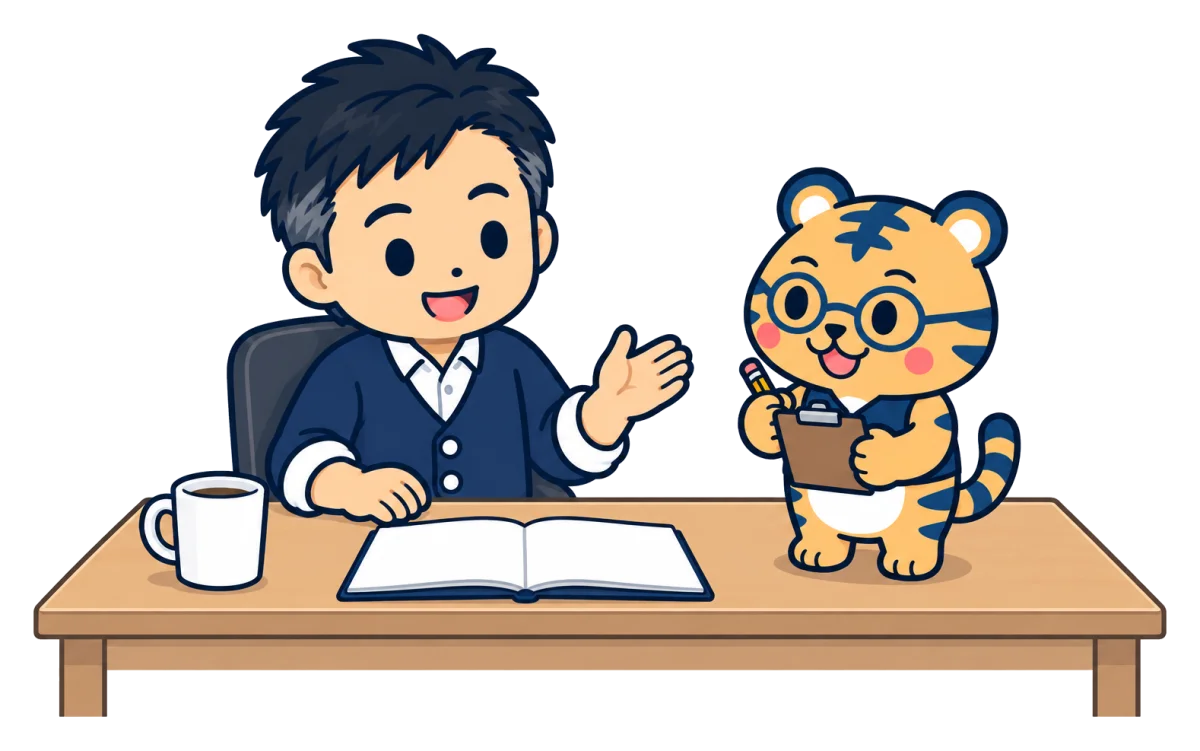 経営者が仕事のやり方を話し、室長トラビーがクリップボードに書き留めているイラスト