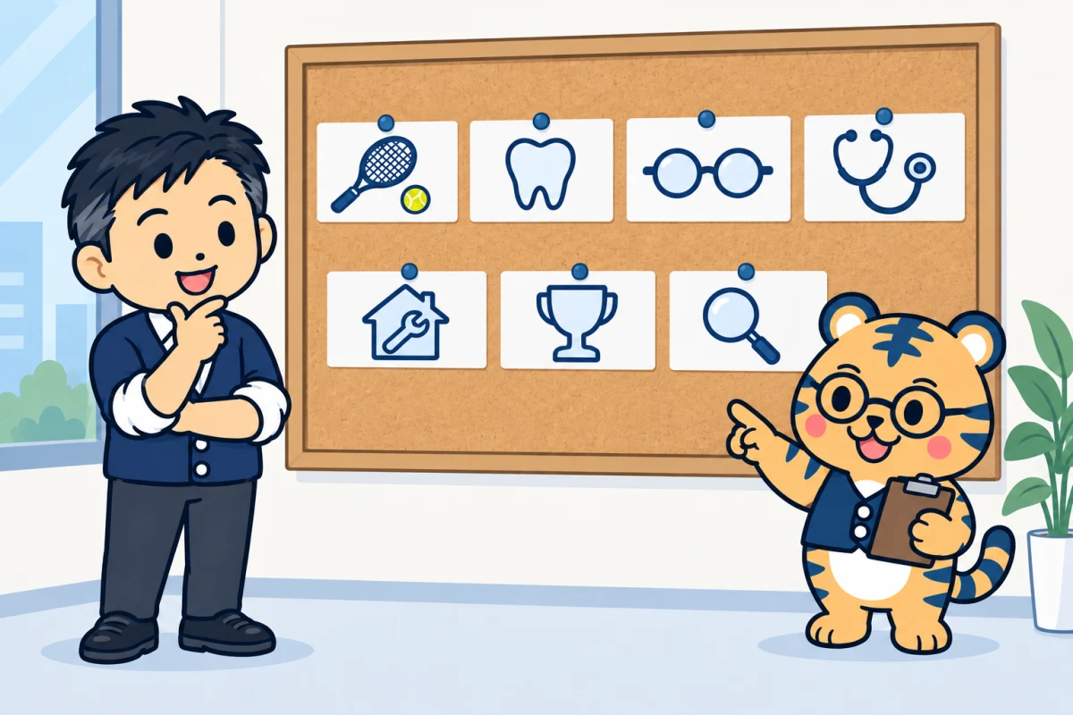 導入事例のカードが貼られたボードを、経営者と室長のトラビーが見ている様子
