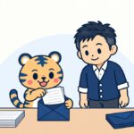 係の虎がクリップ留めの書類を紺色の封筒に入れ、横で経営者がうなずきながら見守っているイラスト