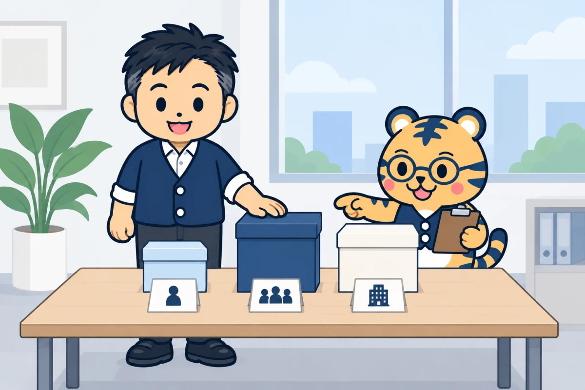 大きさの違う3つの箱を前に、経営者と室長のトラビーがプランを選んでいる様子