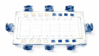 大きな一覧表の上に業務の札が並び、それぞれが別の席へ線でつながっている水彩画のイラスト