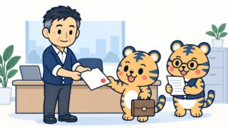 経営者が、赤い丸印を押した1枚の紙を、書類かばんを提げた係のトラビーに手渡している。丸眼鏡の室長トラビーが一覧表を持って見守っている。