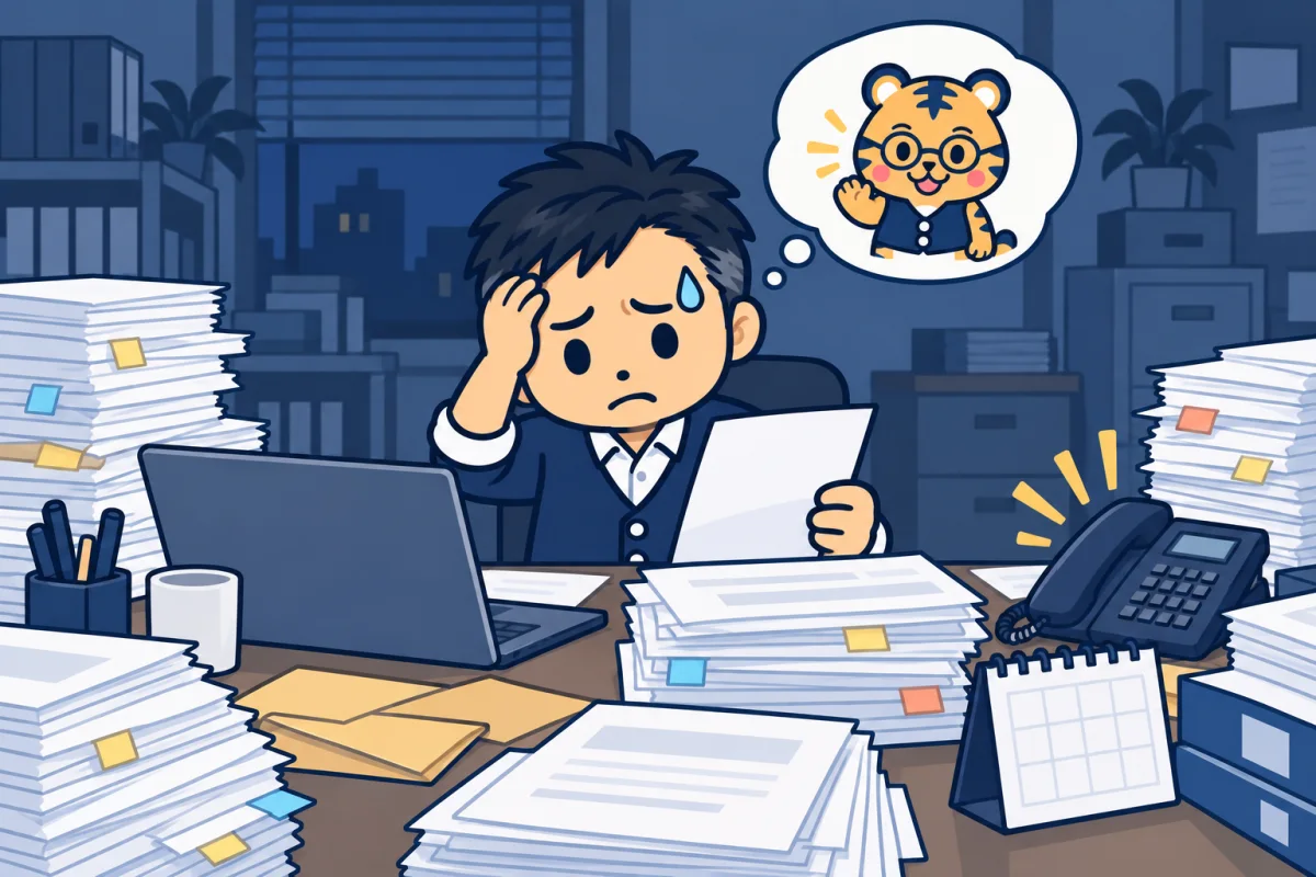 山積みの事務作業に困っている経営者と、吹き出しの中で手を振る室長トラビーのイラスト