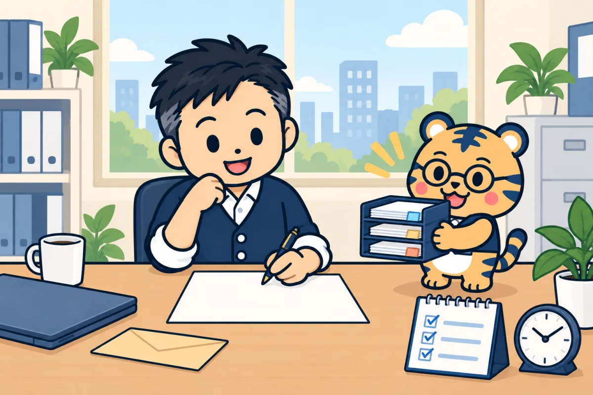 片づいた机で計画を考える経営者に、室長トラビーが仕分け済みの書類を差し出すイラスト