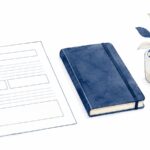 白い報告用紙と紺色のノート、観葉植物を描いた水彩イラスト。研修報告書の様式を表している
