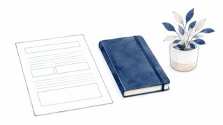 白い報告用紙と紺色のノート、観葉植物を描いた水彩イラスト。研修報告書の様式を表している