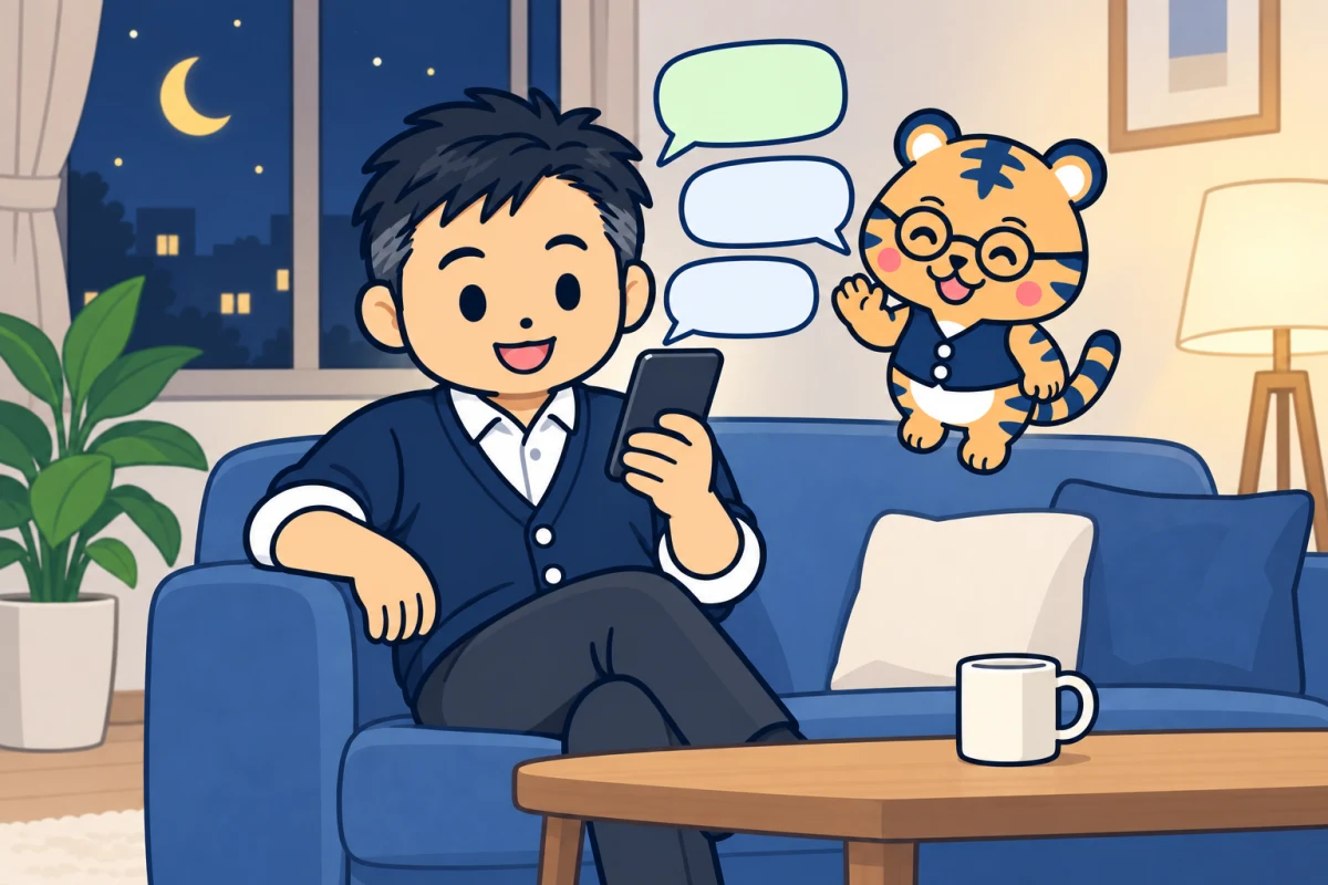 夜、ソファでスマートフォンから質問する経営者と、すぐに答える室長のトラビー