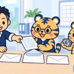 明るい事務所の机で、経営者が罫線と四角だけの見積依頼書を室長のトラビーに手渡し、トラビーがそれを机に並んだ3通の封筒の1つに入れようとしている。横で係のトラビーが小さな部品の見本と巻き尺を差し出している紺の線画イラスト