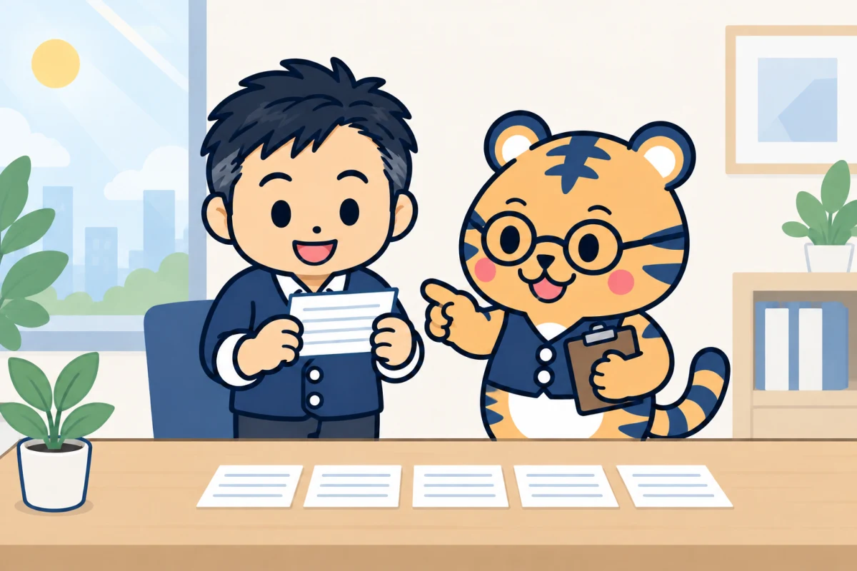 仕事のカードを1枚手に取る経営者と、指さして提案する室長のトラビー