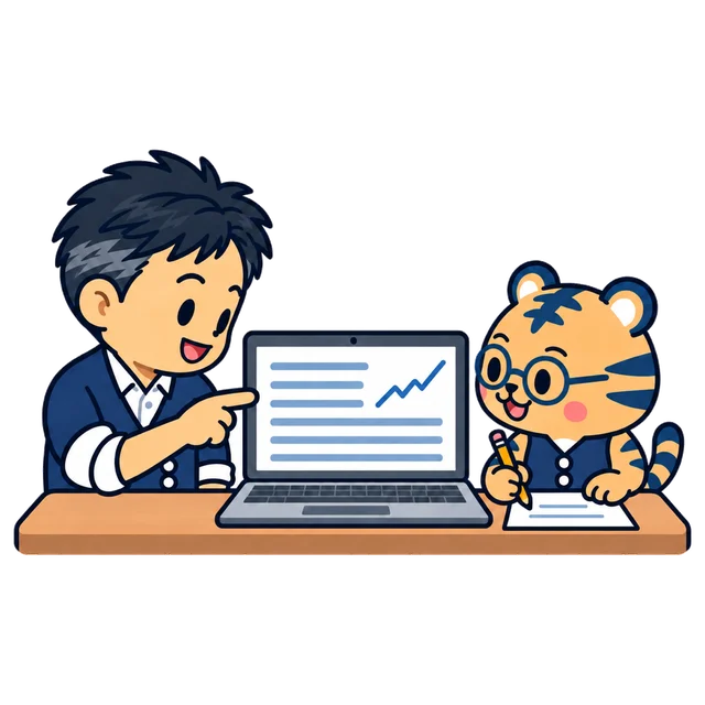 経営者とトラビーが一緒にホームページを更新している様子のイラスト