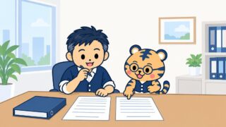 事務所の机で経営者が2枚の書類を見比べ、丸眼鏡の室長の虎が片方の書類の欄を指で示しているイラスト