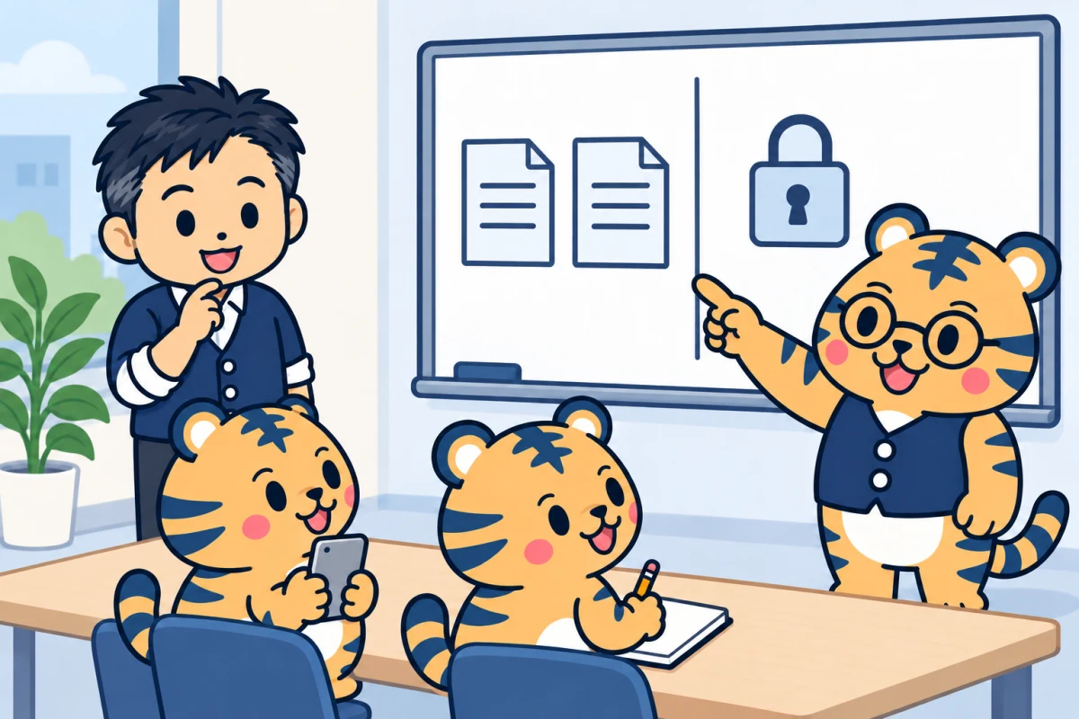 室長のトラビーがホワイトボードで情報の線引きを説明し、経営者と係のトラビーが聞いている様子