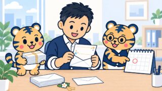 紺の線画イラスト。経営者が無地の招待状カードを手に持って眺め、横で丸眼鏡の虎が卓上カレンダーの丸印の日付を指し、もう1体の虎が封筒の束を差し出している