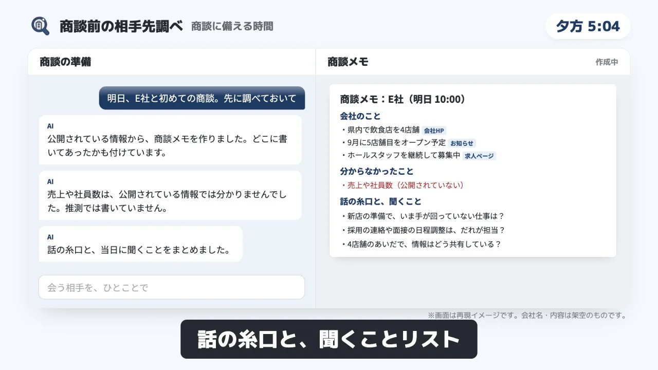 商談前の相手先調べのデモ画面（再現イメージ）