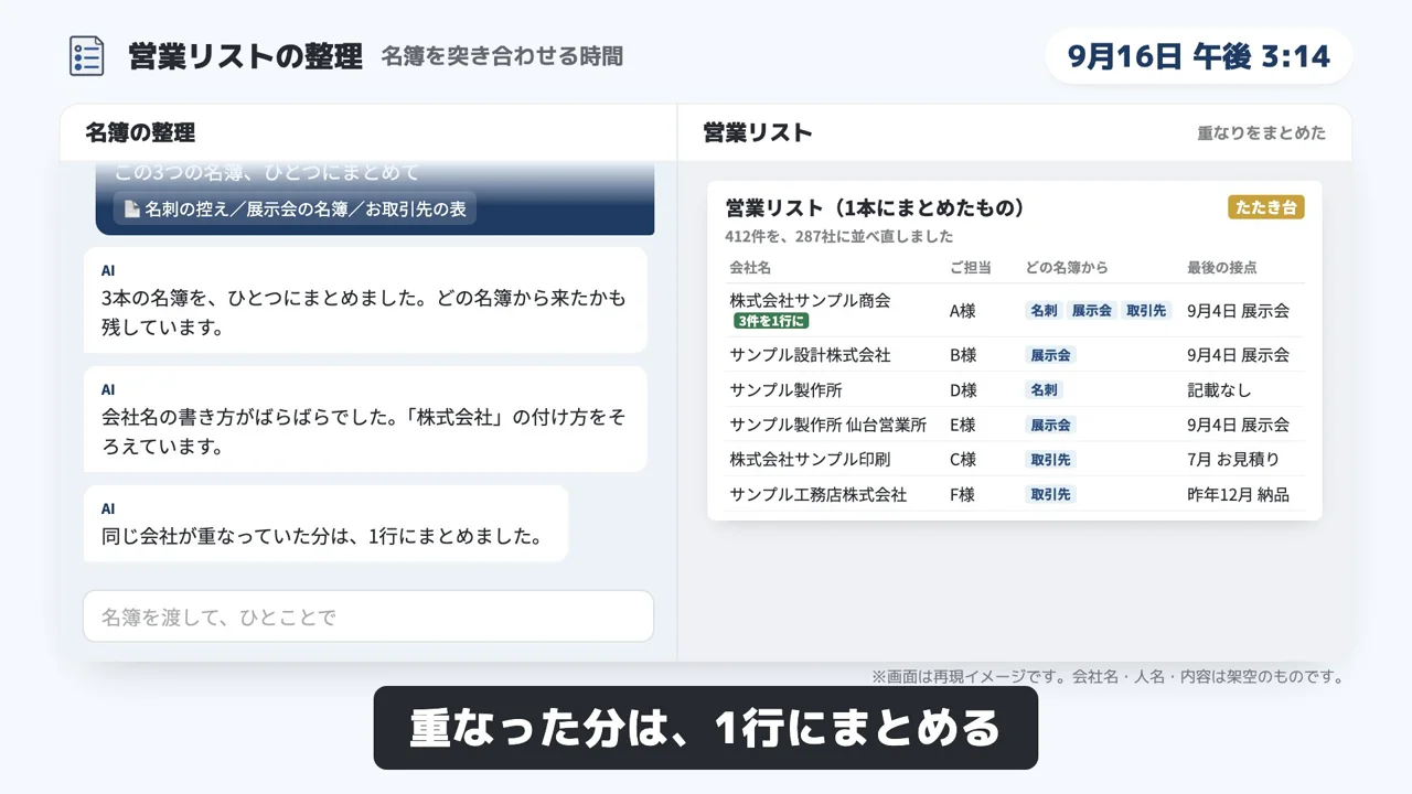 営業リストの整理のデモ画面（再現イメージ）