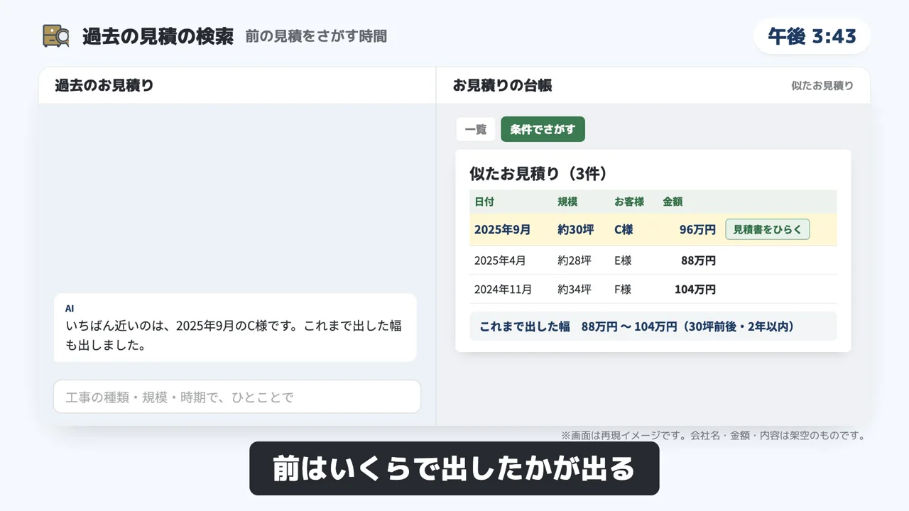 過去の見積の検索のデモ画面（再現イメージ）