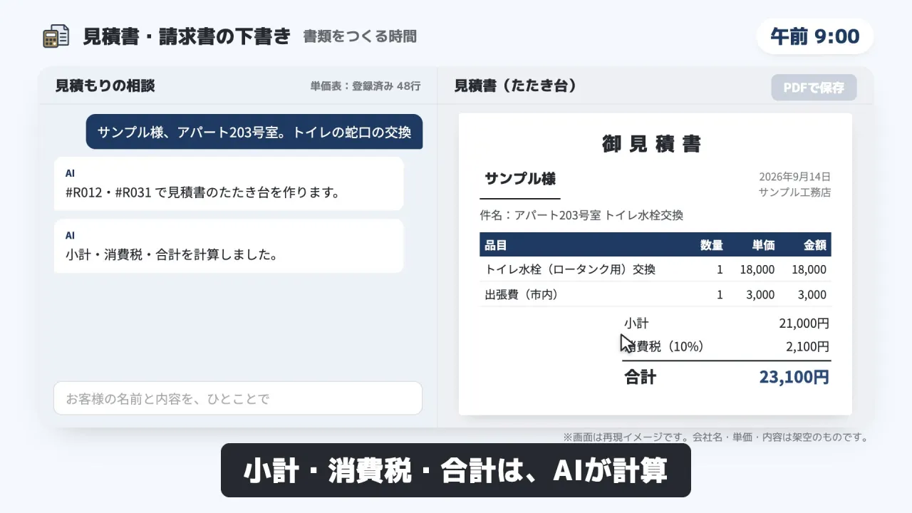 見積書・請求書の下書きのデモ画面（再現イメージ）
